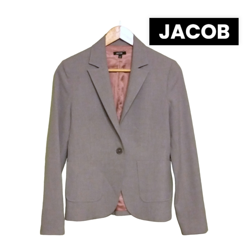 JACOB fitted grey blazer jacket pink satin lined, single button fastening